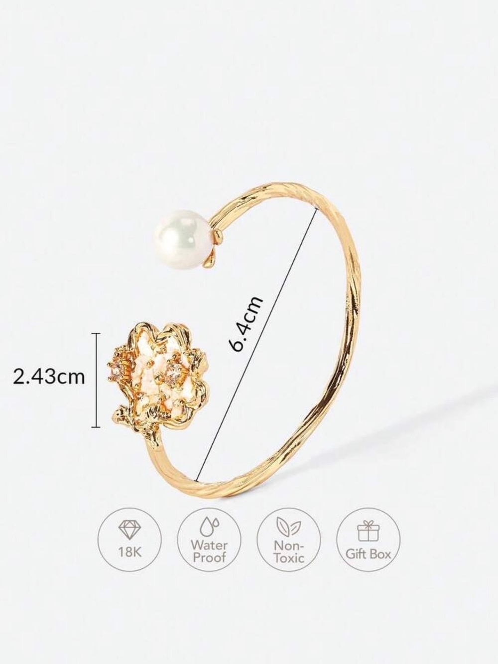 Gold Open Cuff Bracelet with White Pearl & Floral Accent - Picture 6 of 6